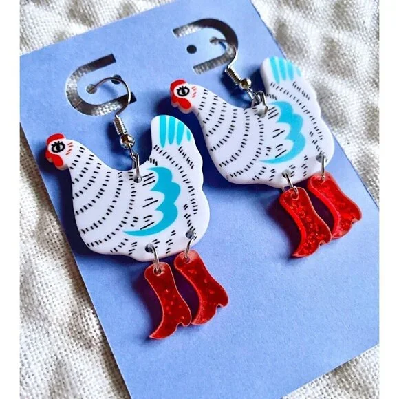New White & Blue Chicken w/ Glitter Red Cowboy Boots Retro 80s Style Earrings - Picture 5 of 6